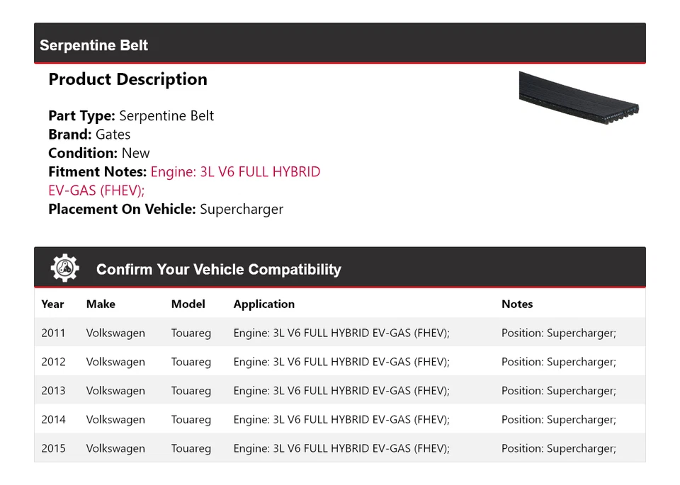For 2011-2015 Volkswagen Touareg Serpentine Belt Supercharger Gates 2012 2013 - Image 2 of 4