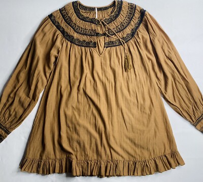 Free People Women's Erin Mini Dress Neutral Embroidered Ruffle Bottom sz M  | eBay