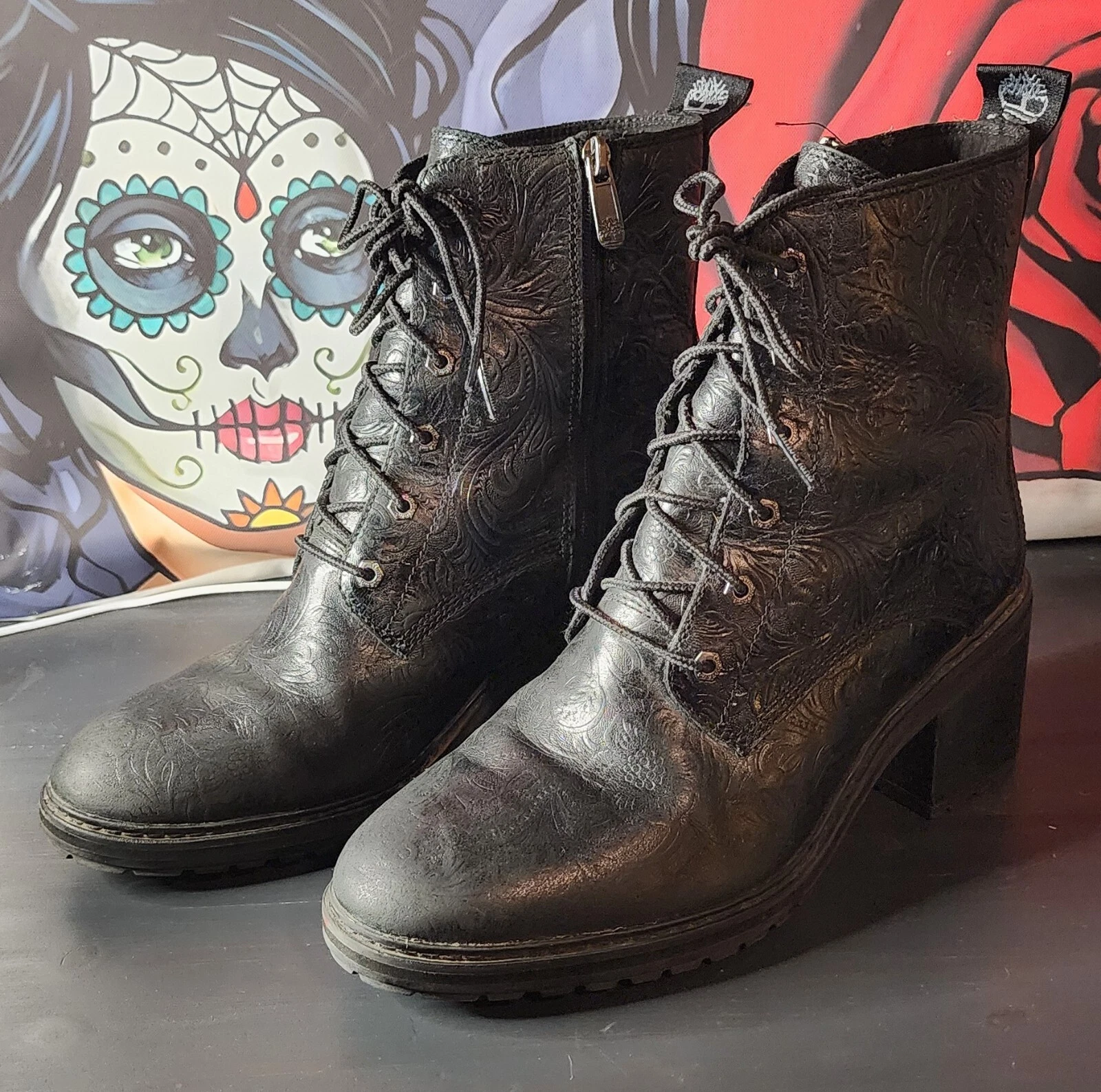 Stivali Timberland Siena alti zip goffrati floreali impermeabili da donna in pelle US 9 5