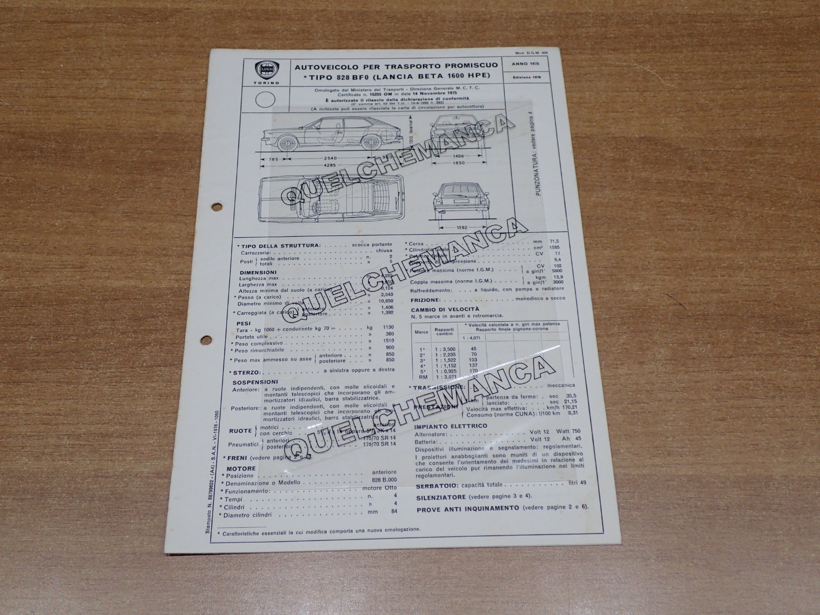 LANCIA TIPO 828 BF 0 BETA 1600 HPE SCHEDA DI OMOLOGAZIONE DGM 1975 (36)