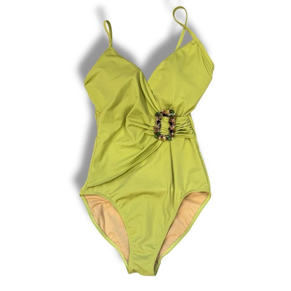 Traje de baño Shape FX verde con cuentas de una pieza control de barriga acanalado talla 8 alto costero Foto 3 de 4