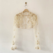 Vintage Ivory Lacy Embroidered Occasion Bolero Shrug Boho Wedding Bridal Medium