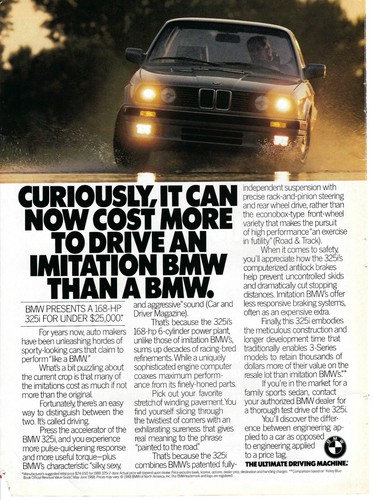 1988 BMW 325i 168 HP Cost More to Drive Imitation BMW Vintage Print Ad/Poster