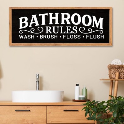 Bathroom Rules Wash Brush Floss Flush Wall Decor Funny Wooden Quote Sign Home...