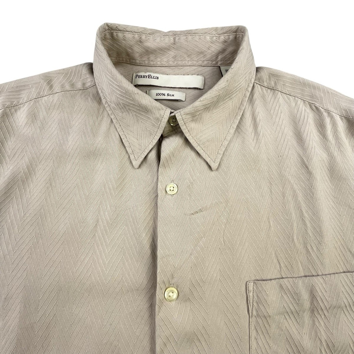 Perry Ellis Silk Shirt Men's L Beige Tan Short Sleeve Geometric