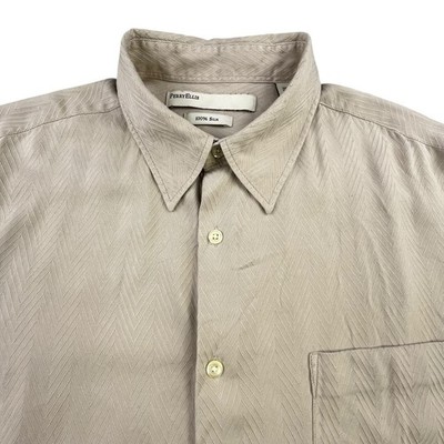 Perry Ellis Silk Shirt Men's L Beige Tan Short Sleeve Geometric