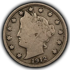 1912-S 5c Liberty Head V Nickel - Fine Key Date - 