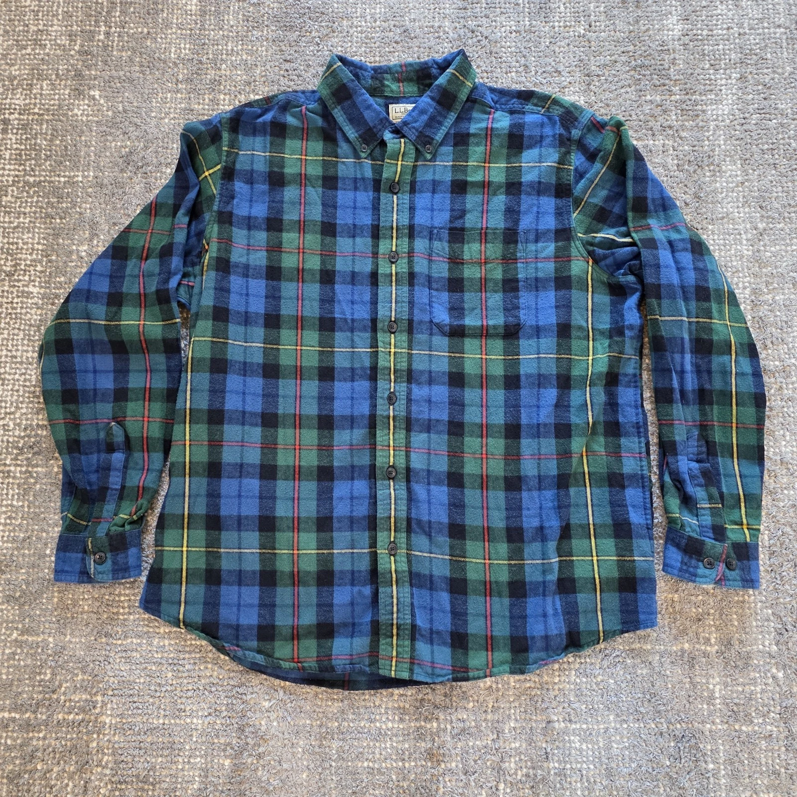 L.L.Bean Traditional Fit Green Blue Plaid Front Button Flannel Shirt Mens L
