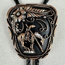 Vintage S.S.I. Copper & Diamond Cut Silver “End Of The Trail” Western Bolo Tie￼