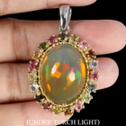925 Sterling Silver Pendant Oval Fire Opal 30ct Tourmaline Handmade Gem Jewelry