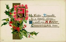 Vintage Christmas Postcard A Kindly Thought Holly Roses Postmarked Made in USA