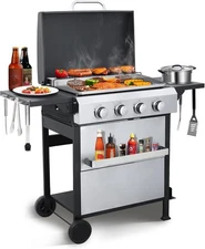 4 Burner Gas Grill Griddle Combo, Propane Gas Grill 49,200 BTU Stainless Steel