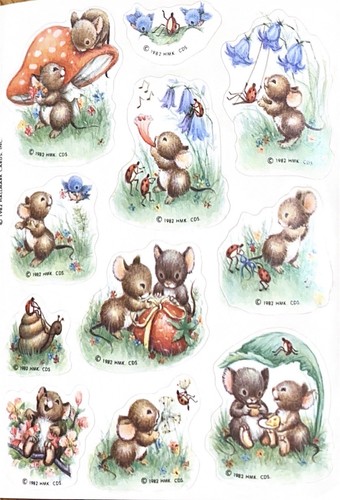 Vintage 1982 Hallmark Sticker Sheet Mouse Mice Mushrooms Blue Birds Strawberry