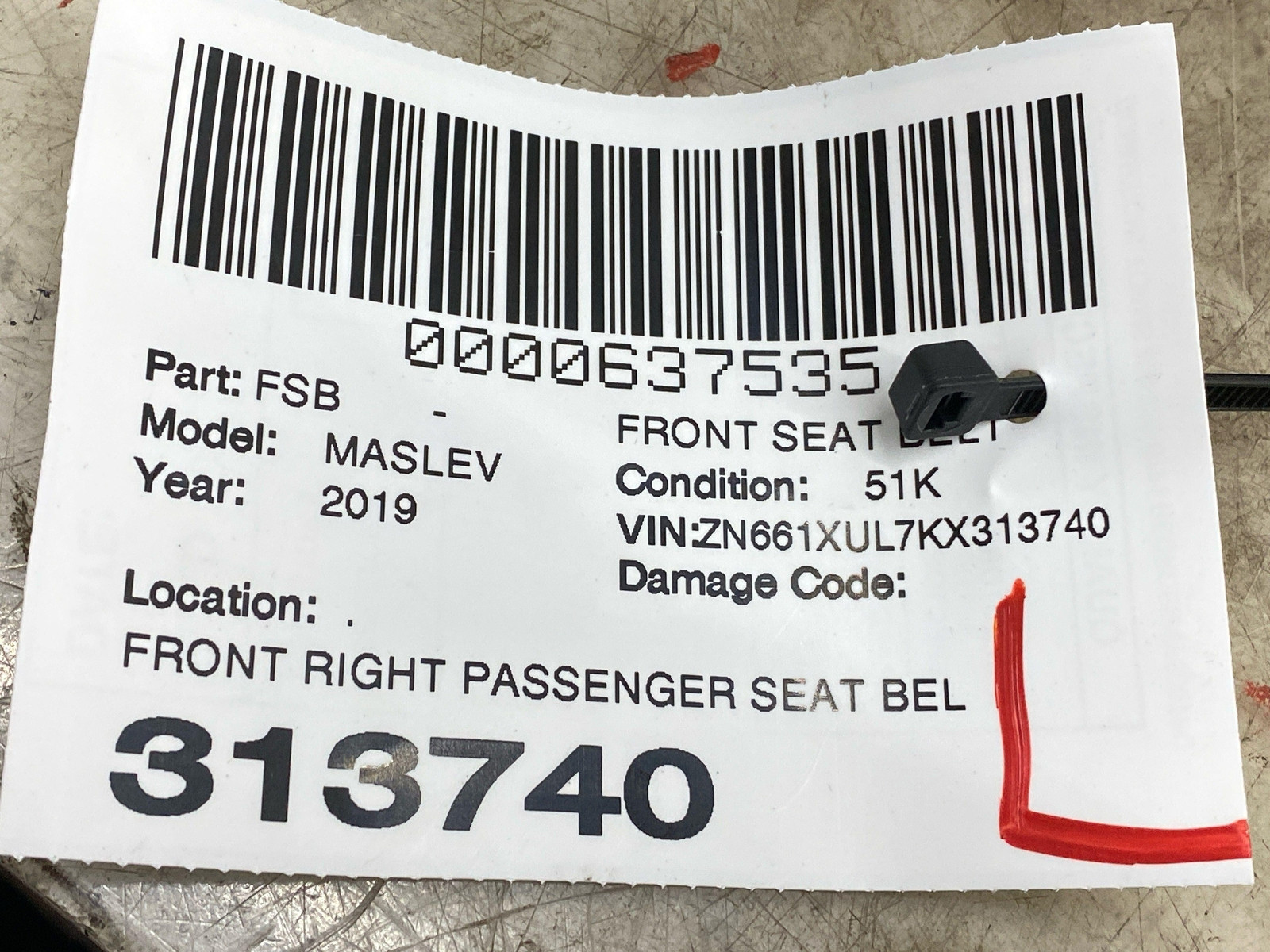 2017-2024 MASERATI LEVANTE FRONT RIGHT PASS SEAT BELT RETRACTOR & PRE-TENSIONER