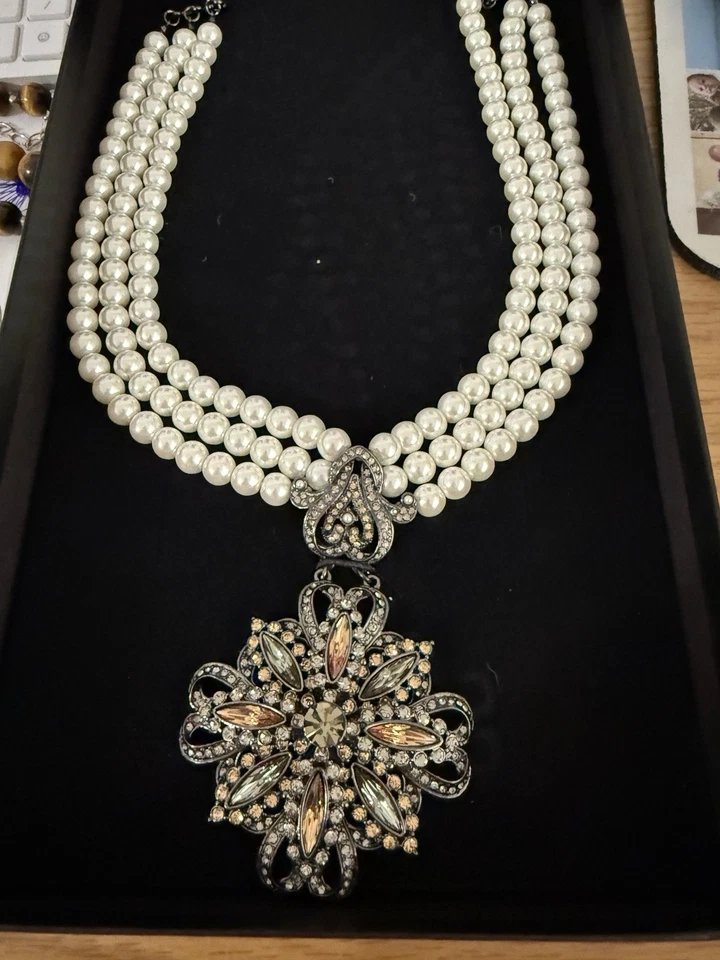 RJ Graziano Large Rhinestone Pendant Multi 3 Strand Pearl Statement Necklace