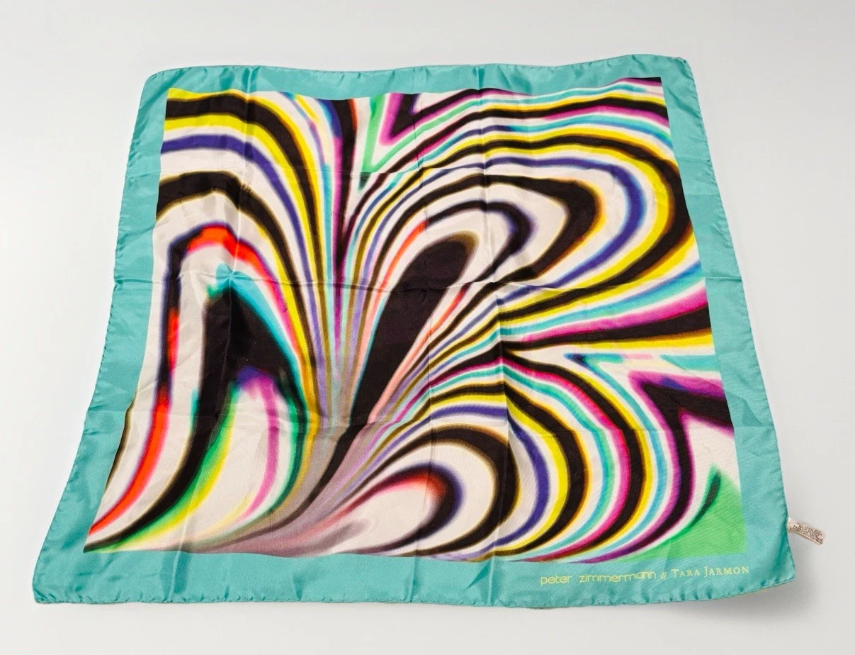 TARA JARMON 100% SILK SCARF Multi Color Abstract Peter Zimmermann Print 27” New!