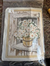 Vtg Columbia-Minerva Cross Stitch Picture Kit Basket Daisy Flowers