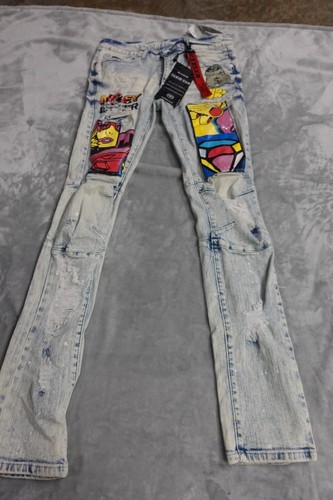 Reason Brand Jeans Herren Größe 30 Skinny Fit Slim Grafik bemalt Comic Artstyle
