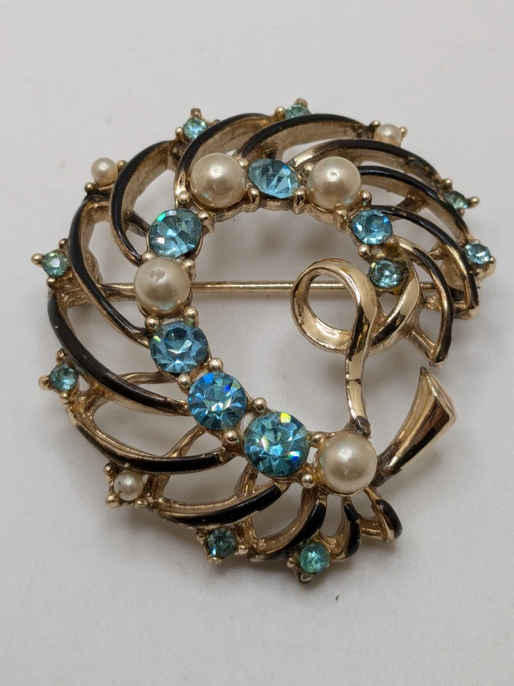 Broche Remolino Perla Imitación Diamantes de Imitación Azul Mediados de Siglo Tono Dorado 2" Foto 2 de 4