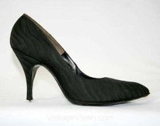 Size 6.5 Black Shoes Gorgeous 1950s Stiletto Silk Brocade High Heels Narrow