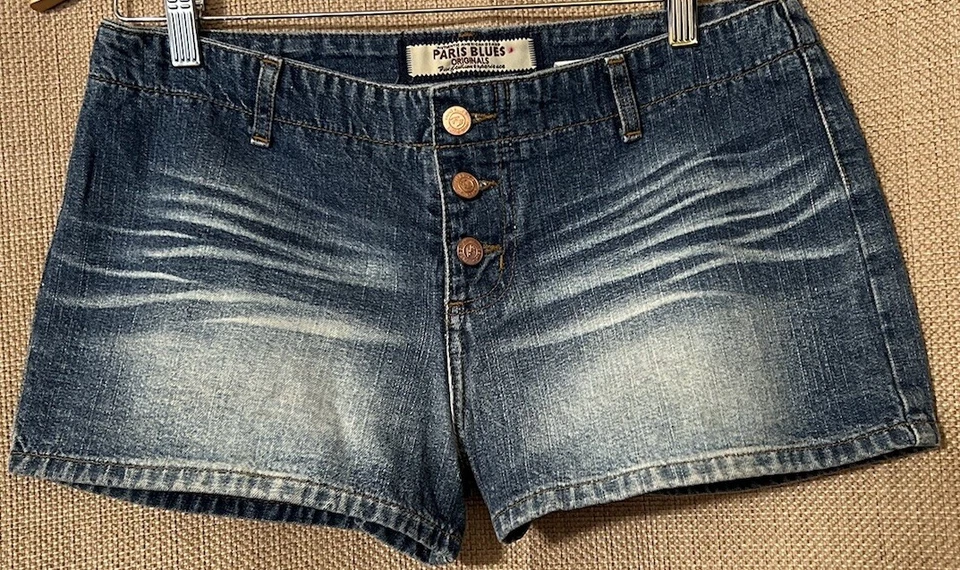 Pantalones Cortos Paris Azul 11 Botones Mosca Denim Boho Jeans De Colección Y2K Años 90 Bigotes Caderas Foto 3 de 4