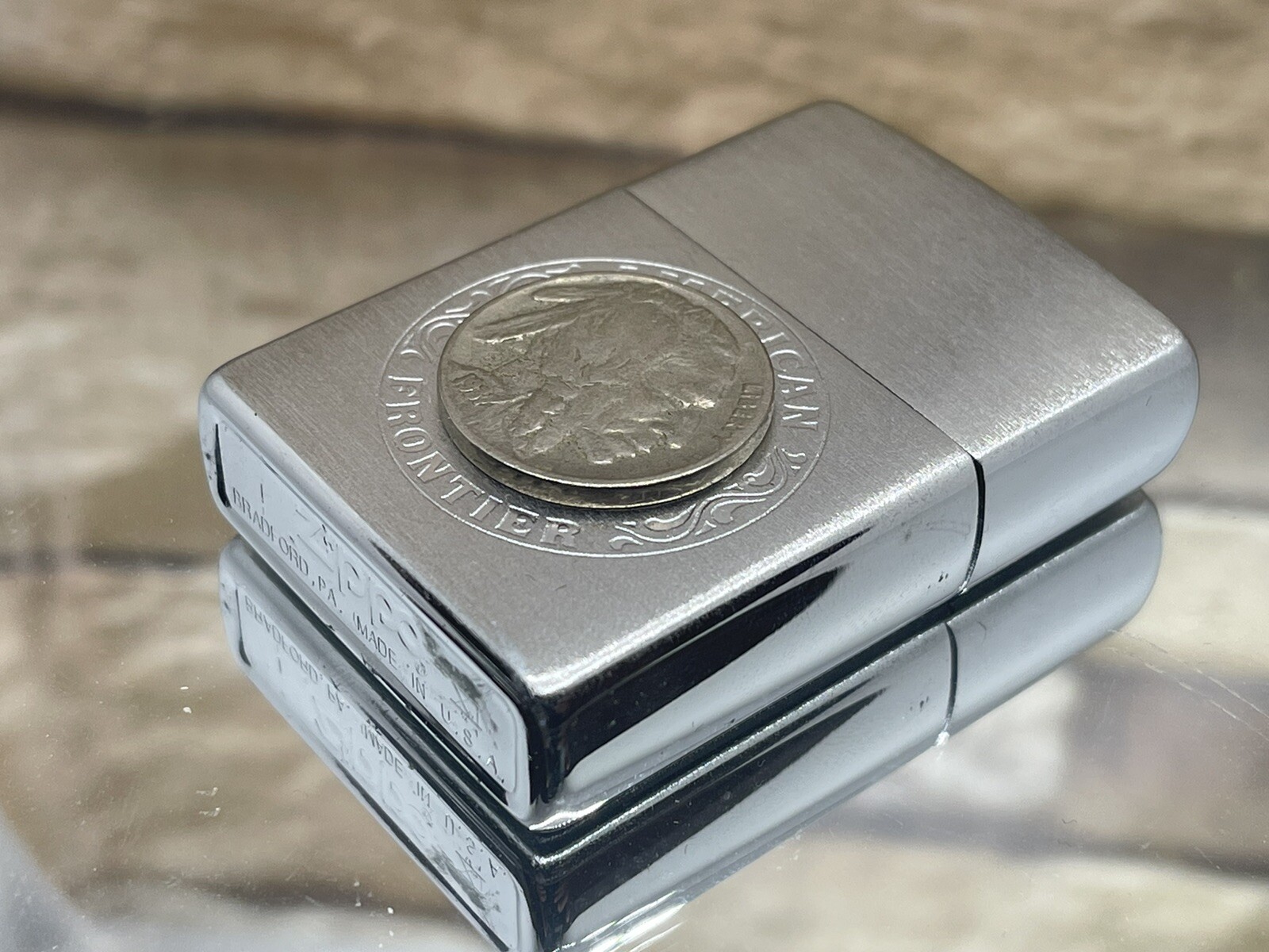 1995 Zippo American Frontier / Indian Head Buffalo Nickel Lighter MINT