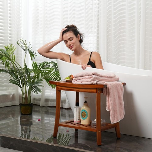 Teak Shower Bench Seat with Handles Portable Wooden Spa Bathing Stool with Stora - Picture 3 of 8