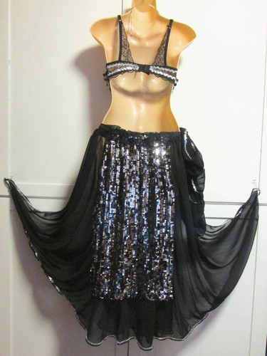 Belly Dance 4 pc Black Silver Sequin Costume - 2 Skirts, Bra 34B, & Necklace - Picture 3 of 11