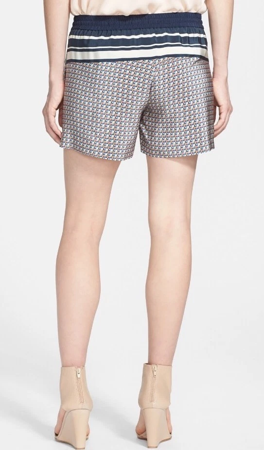 Pantalones Cortos Vince Border Print Costero Azul Marino Corbata Delantera Seda - Talla L L6041 Foto 3 de 4