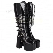 Women Knee High Boots Side Zip Up Square Thick High Heels Tall Boots Female Shoe