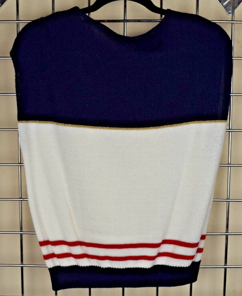 Vintage Sweater Top Bazaar Size S/M 70s 80s Navy Blue Red Ivory Sailboat Sweater - Image 3 of 4