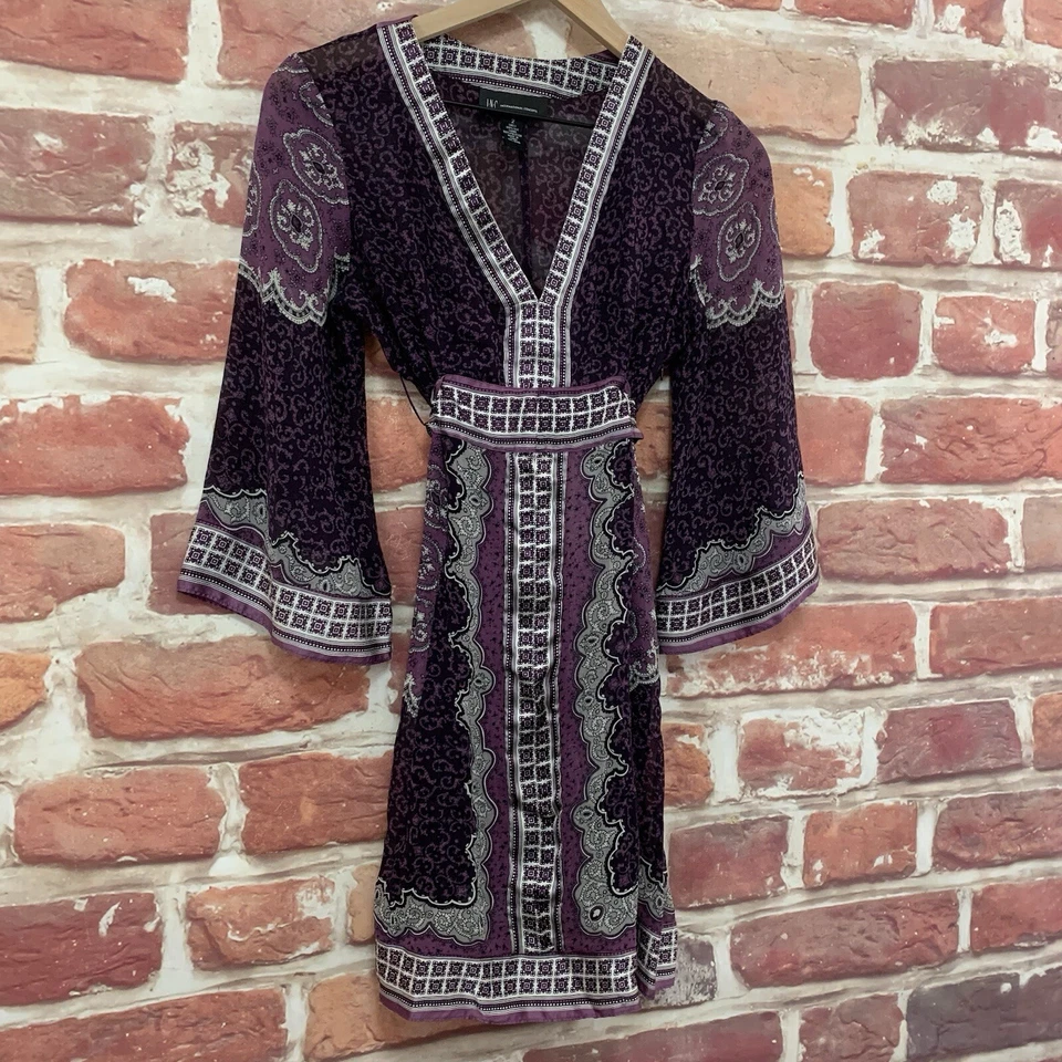 INC International Concepts Dress 2 Purple 100% Silk Boho Floral Casual Zip Up - Image 2 of 4