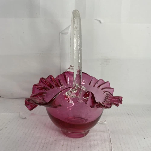 Vintage Fenton Basket Cranberry Clear Handle 9"T x 7"Diam