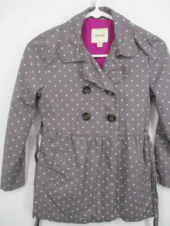 Cherokee Girl Coat Medium Gray Double Breasted Polka Dot Tie Waist Pocket Jacket - Image 2 of 4