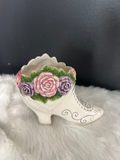 VTG Pearl Luster Porcelain Victorian Heel With Applied Flowers Decor Shoe 7x 6