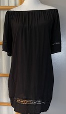 Off The Shoulder Mini Dress Sz M Black Rayon Geometric Lace Trim Boho Goth Beach