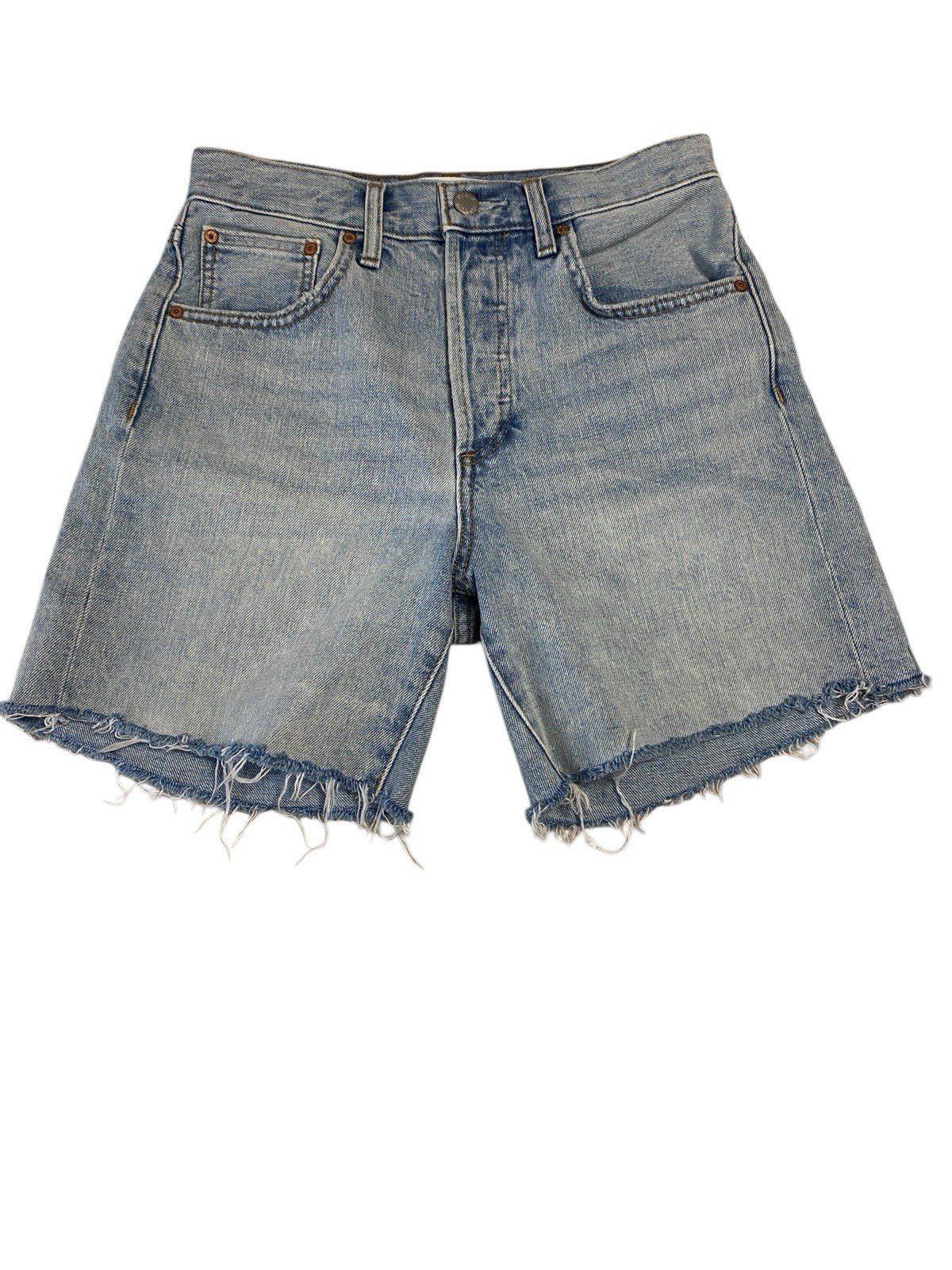 Denim Forum The Yoko Hi-Rise Thigh Short Aritzia Blue Raw Hem Size 25 Button Fly