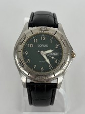 Lorus LR0206 40mm Silver Tone Quartz Day/Date Watch w/Black Band New Battery