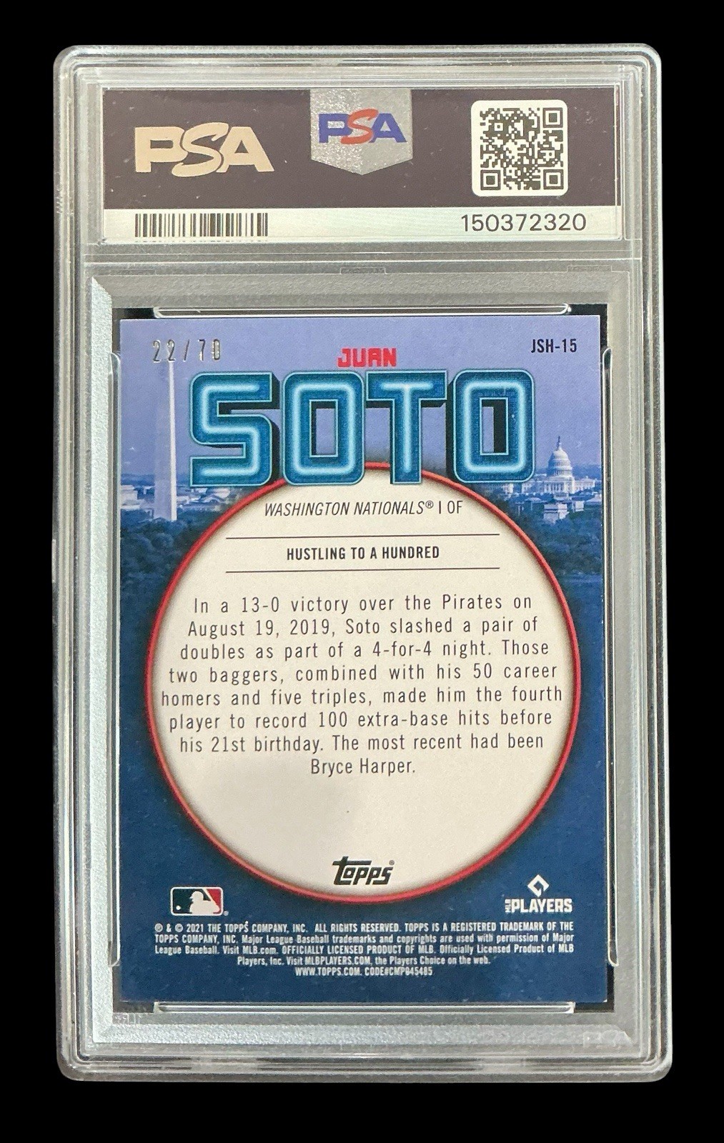 2021 topps #JSH15 juan soto; jersey # 22/70 platinum highlights PSA 7 (P1, 0^) view 3