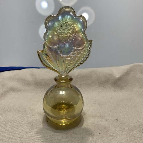 Vintage Pink Iridescent Glass Perfume Bottle Featuring Large Flower Stopper