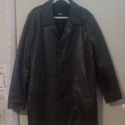 DKNY Black Leather Mid-Length Men's Overcoat Button Accents Lined Size M
