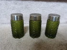3 VINTAGE Soreno Green Ribbed Glass Salt & Pepper Shakers Anchor Hocking 3.25"