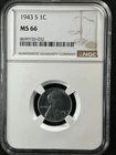 1943-S 1C  Lincoln Wheat One Cent NGC MS66   8699720-032