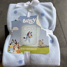 Bluey Blue White Stars Plush Fleece Blanket No Sew Throw Kit 48" X 60" DIY NEW