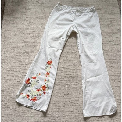 Cache White Floral Embroidered Flare Leg Pants 8 Boho Wide Leg Slit Zip Hem READ