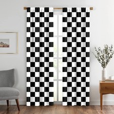 Black and White Window Drapes Curtain Checkered Flag Racing Race Car Line Rod...