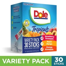 Dole Powder Drink mix variety Pack Tropical Peach Mango & Fruit Sugar Free 30 Ct