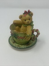 Cherished Teddies Jean Cup Full Peace Holiday Green Teacup Bear 1997 Holly Stars