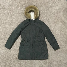 Levis Parka Coat Womens Medium Olive Green Hooded Sherpa Lined Faux Fur Chore