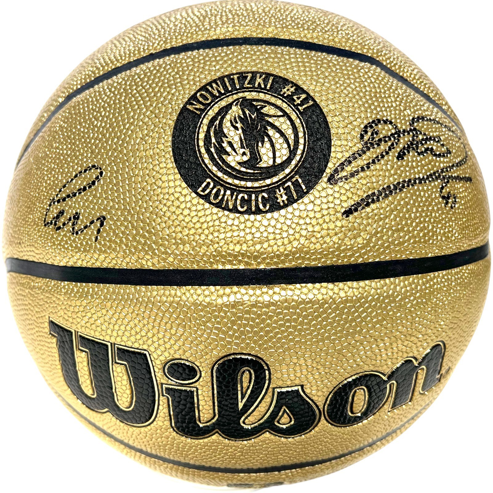 LUKA DONCIC Autographed Signed Dallas Mavericks & DIRK NOWITZKI GOLD WILSON BASKETBALL JSA 